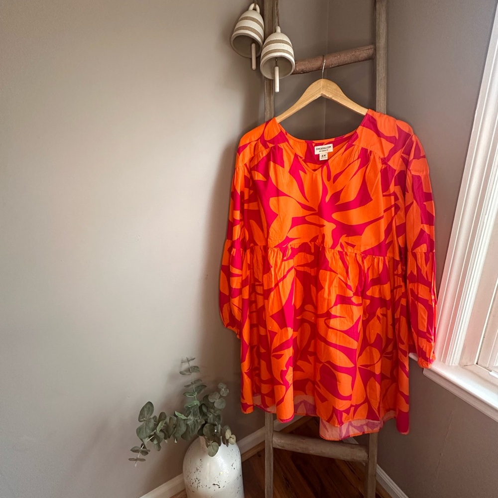 Chic Soul Orange and Hot Pink Leaf-Print V-Neck Babydoll Dress